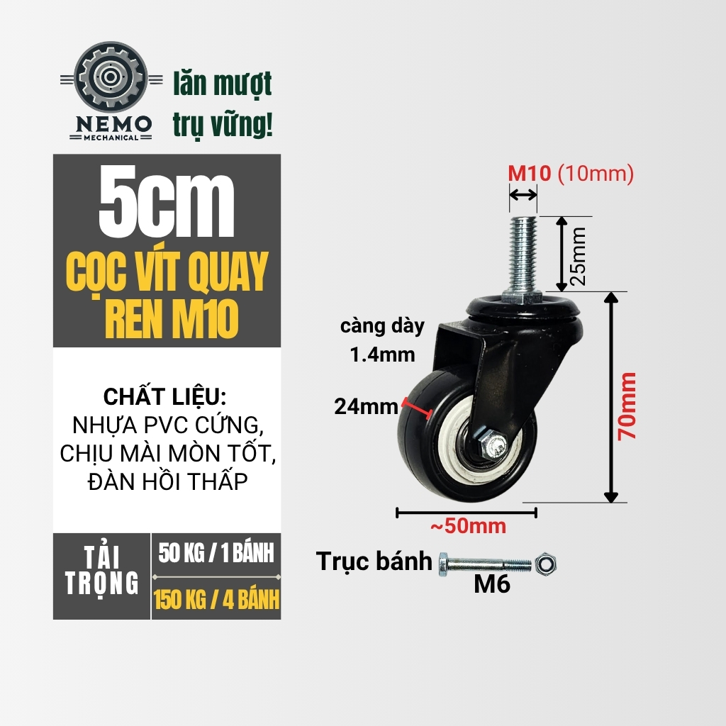 Bánh xe đẩy hàng đen trắng, loại cọc vít, có bạc đạn, đường kính bánh 4cm và 5cm, 40-50kg/1bánh